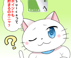 背景にSuicaがあり、白猫が 「Suicaってポイントも貯まるのかニャ？」 と考えているシーン