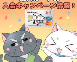 イラスト文字で 「楽天カードの入会キャンペーン情報！」 と記載し、下に白猫と博士がいるイラスト（背景に楽天カード）