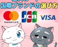 イラスト文字で 『楽天カード・国際ブランドの選び方』と記載し、 白猫と博士がいるイラスト（背景にJCB/VISA/MasterCardのロゴ）