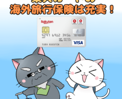 イラスト文字で 『楽天カードの海外旅行保険は充実！』 と記載し、下に博士と白猫と楽天カードがあるイラスト